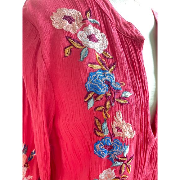 Free People Boho Embroidered Floral Mini Dress Pink Rayon Crinkle Tunic Size S - Picture 6 of 9